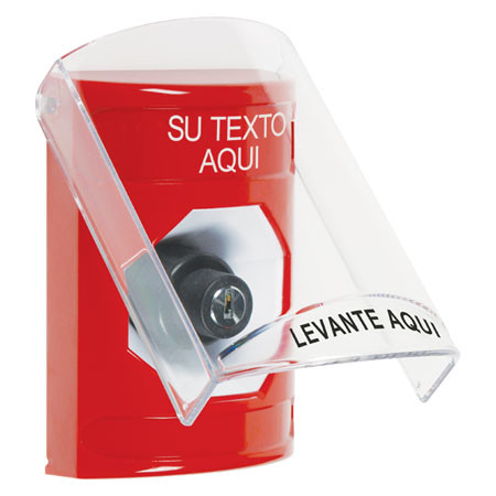 SS2023ZA-ES STI Red Indoor Only Flush or Surface Key-to-Activate Stopper Station with Non-Returnable Custom Text Label Spanish