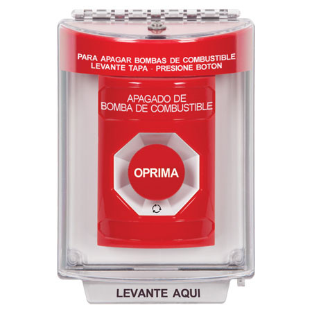 SS2031PS-ES STI Red Indoor/Outdoor Flush Turn-to-Reset Stopper Station with FUEL PUMP SHUT DOWN Label Spanish