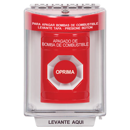 SS2034PS-ES STI Red Indoor/Outdoor Flush Momentary Stopper Station with FUEL PUMP SHUT DOWN Label Spanish