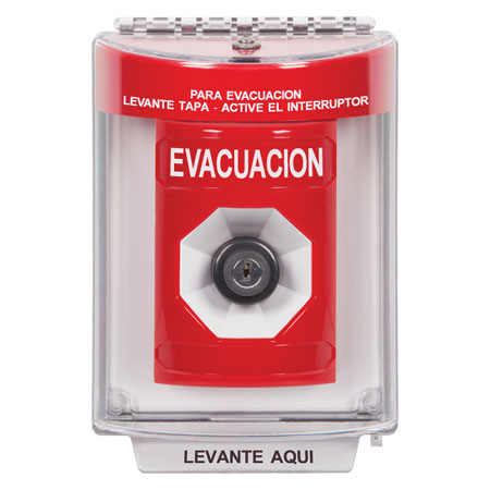 SS2043EV-ES STI Red Indoor/Outdoor Flush w/ Horn Key-to-Activate Stopper Station with EVACUATION Label Spanish