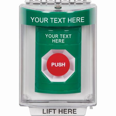 SS2144ZA-EN STI Green Indoor/Outdoor Flush w/ Horn Momentary Stopper Station with Non-Returnable Custom Text Label English