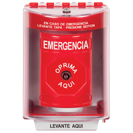 SS2080EM-ES STI Red Indoor/Outdoor Surface w/ Horn Key-to-Reset Stopper Station with EMERGENCY Label Spanish