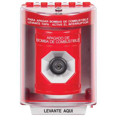 SS2083PS-ES STI Red Indoor/Outdoor Surface w/ Horn Key-to-Activate Stopper Station with FUEL PUMP SHUT DOWN Label Spanish
