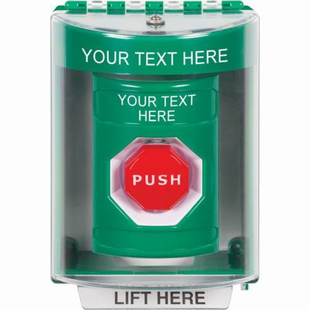 SS2185ZA-EN STI Green Indoor/Outdoor Surface w/ Horn Momentary (Illuminated) Stopper Station with Non-Returnable Custom Text Label English