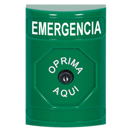 SS2100EM-ES STI Green No Cover Key-to-Reset Stopper Station with EMERGENCY Label Spanish