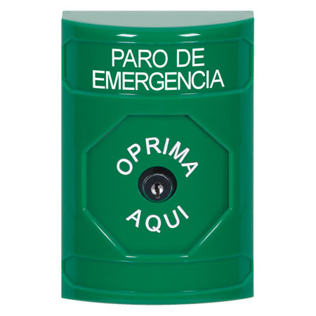 SS2100ES-ES STI Green No Cover Key-to-Reset Stopper Station with EMERGENCY STOP Label Spanish