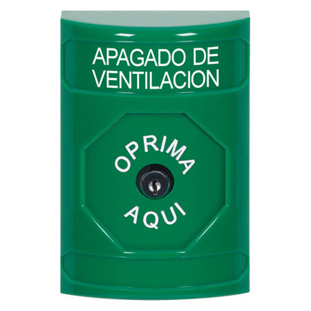 SS2100HV-ES STI Green No Cover Key-to-Reset Stopper Station with HVAC SHUT DOWN Label Spanish