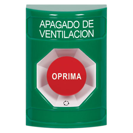 SS2101HV-ES STI Green No Cover Turn-to-Reset Stopper Station with HVAC SHUT DOWN Label Spanish
