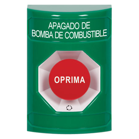 SS2101PS-ES STI Green No Cover Turn-to-Reset Stopper Station with FUEL PUMP SHUT DOWN Label Spanish