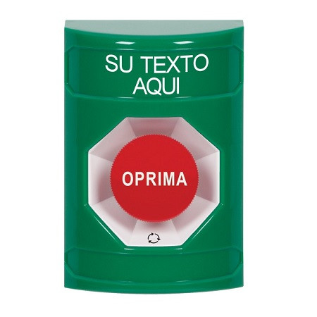 SS2101ZA-ES STI Green No Cover Turn-to-Reset Stopper Station with Non-Returnable Custom Text Label Spanish