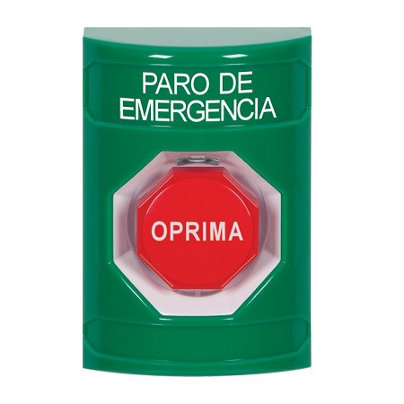 SS2102ES-ES STI Green No Cover Key-to-Reset (Illuminated) Stopper Station with EMERGENCY STOP Label Spanish