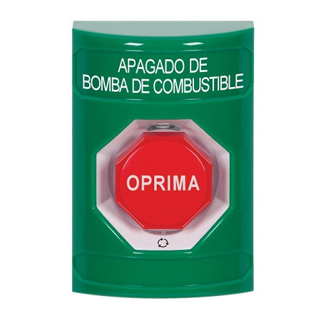 SS2109PS-ES STI Green No Cover Turn-to-Reset (Illuminated) Stopper Station with FUEL PUMP SHUT DOWN Label Spanish