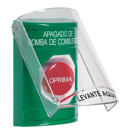 SS2121PS-ES STI Green Indoor Only Flush or Surface Turn-to-Reset Stopper Station with FUEL PUMP SHUT DOWN Label Spanish