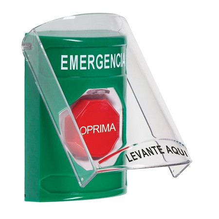 SS2122EM-ES STI Green Indoor Only Flush or Surface Key-to-Reset (Illuminated) Stopper Station with EMERGENCY Label Spanish