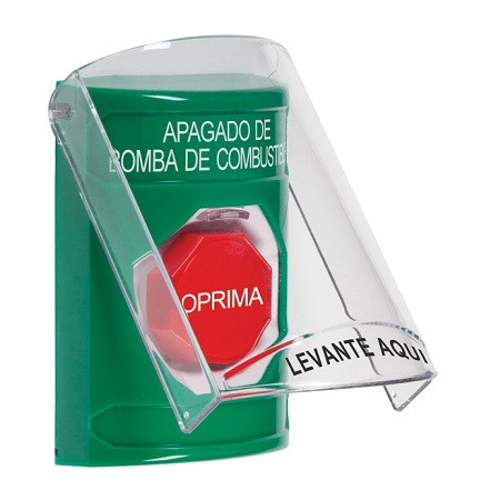 SS2122PS-ES STI Green Indoor Only Flush or Surface Key-to-Reset (Illuminated) Stopper Station with FUEL PUMP SHUT DOWN Label Spanish