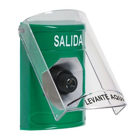 SS2123XT-ES STI Green Indoor Only Flush or Surface Key-to-Activate Stopper Station with EXIT Label Spanish