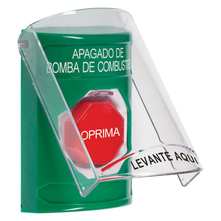 SS2125PS-ES STI Green Indoor Only Flush or Surface Momentary (Illuminated) Stopper Station with FUEL PUMP SHUT DOWN Label Spanish