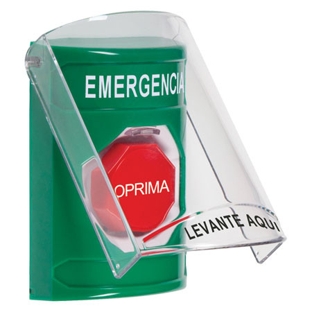 SS2128EM-ES STI Green Indoor Only Flush or Surface Pneumatic (Illuminated) Stopper Station with EMERGENCY Label Spanish