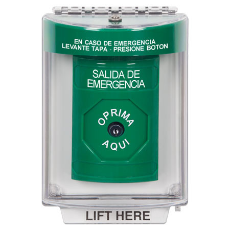 SS2130EX-ES STI Green Indoor/Outdoor Flush Key-to-Reset Stopper Station with EMERGENCY EXIT Label Spanish