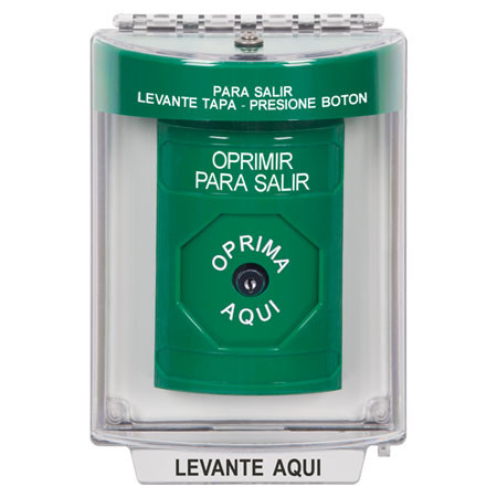 SS2130PX-ES STI Green Indoor/Outdoor Flush Key-to-Reset Stopper Station with PUSH TO EXIT Label Spanish