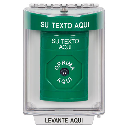 SS2130ZA-ES STI Green Indoor/Outdoor Flush Key-to-Reset Stopper Station with Non-Returnable Custom Text Label Spanish