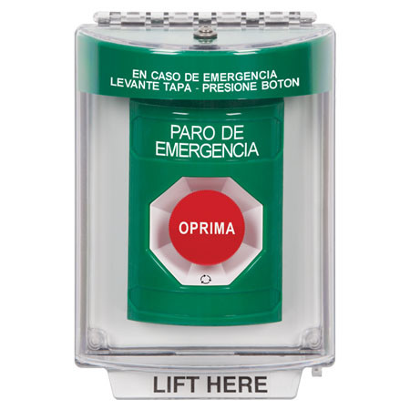 SS2131ES-ES STI Green Indoor/Outdoor Flush Turn-to-Reset Stopper Station with EMERGENCY STOP Label Spanish