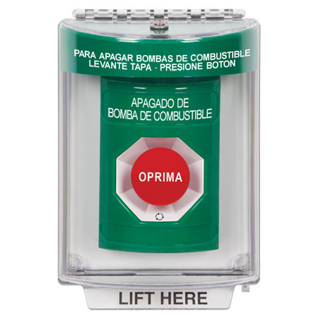 SS2131PS-ES STI Green Indoor/Outdoor Flush Turn-to-Reset Stopper Station with FUEL PUMP SHUT DOWN Label Spanish