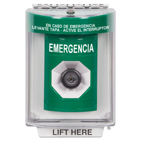 SS2133EM-ES STI Green Indoor/Outdoor Flush Key-to-Activate Stopper Station with EMERGENCY Label Spanish
