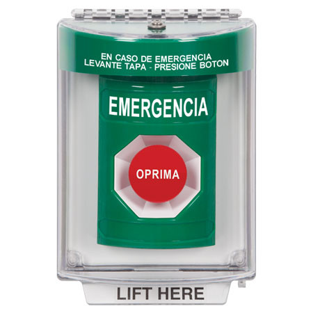 SS2134EM-ES STI Green Indoor/Outdoor Flush Momentary Stopper Station with EMERGENCY Label Spanish