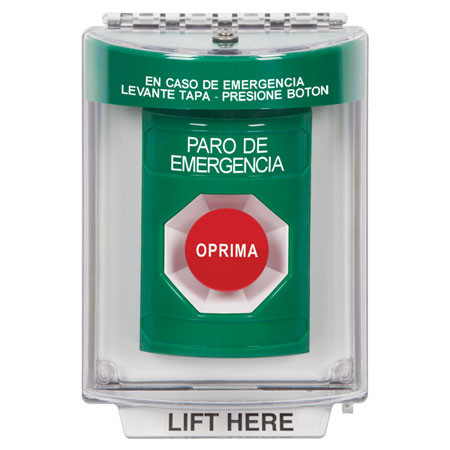 SS2134ES-ES STI Green Indoor/Outdoor Flush Momentary Stopper Station with EMERGENCY STOP Label Spanish