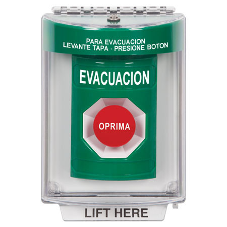 SS2134EV-ES STI Green Indoor/Outdoor Flush Momentary Stopper Station with EVACUATION Label Spanish