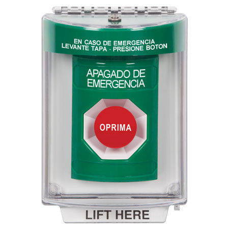 SS2134PO-ES STI Green Indoor/Outdoor Flush Momentary Stopper Station with EMERGENCY POWER OFF Label Spanish