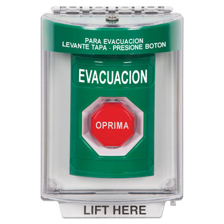 SS2135EV-ES STI Green Indoor/Outdoor Flush Momentary (Illuminated) Stopper Station with EVACUATION Label Spanish
