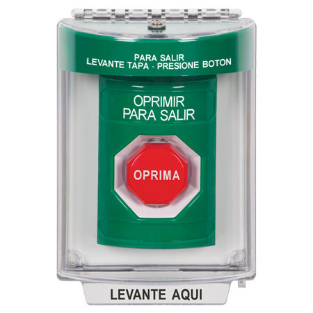 SS2135PX-ES STI Green Indoor/Outdoor Flush Momentary (Illuminated) Stopper Station with PUSH TO EXIT Label Spanish