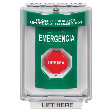 SS2139EM-ES STI Green Indoor/Outdoor Flush Turn-to-Reset (Illuminated) Stopper Station with EMERGENCY Label Spanish