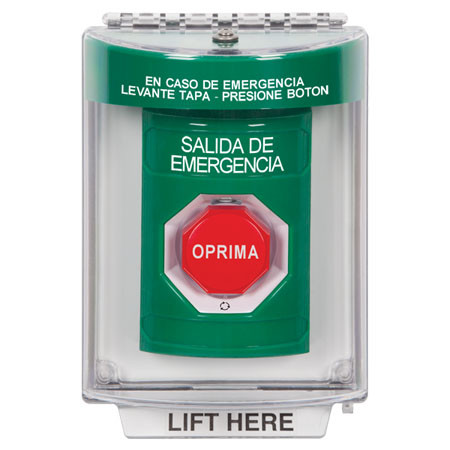 SS2139EX-ES STI Green Indoor/Outdoor Flush Turn-to-Reset (Illuminated) Stopper Station with EMERGENCY EXIT Label Spanish