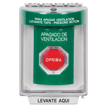 SS2139HV-ES STI Green Indoor/Outdoor Flush Turn-to-Reset (Illuminated) Stopper Station with HVAC SHUT DOWN Label Spanish