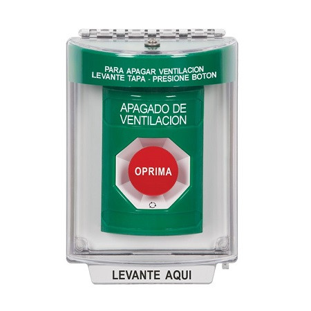 SS2141HV-ES STI Green Indoor/Outdoor Flush w/ Horn Turn-to-Reset Stopper Station with HVAC SHUT DOWN Label Spanish