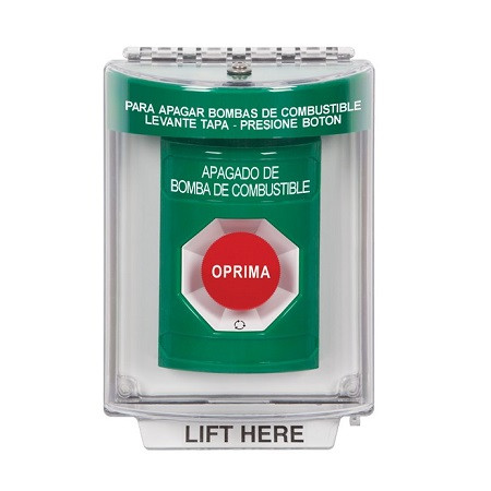 SS2141PS-ES STI Green Indoor/Outdoor Flush w/ Horn Turn-to-Reset Stopper Station with FUEL PUMP SHUT DOWN Label Spanish