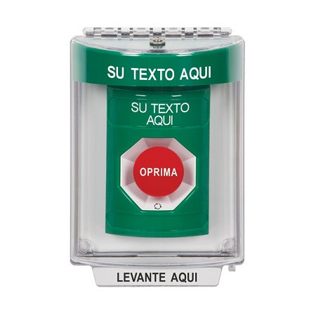SS2141ZA-ES STI Green Indoor/Outdoor Flush w/ Horn Turn-to-Reset Stopper Station with Non-Returnable Custom Text Label Spanish