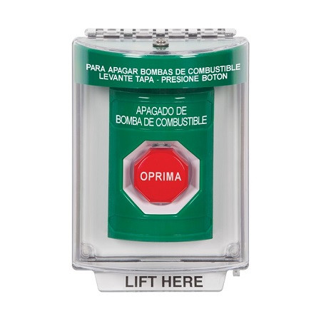 SS2142PS-ES STI Green Indoor/Outdoor Flush w/ Horn Key-to-Reset (Illuminated) Stopper Station with FUEL PUMP SHUT DOWN Label Spanish