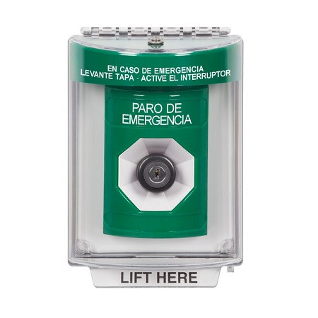 SS2143ES-ES STI Green Indoor/Outdoor Flush w/ Horn Key-to-Activate Stopper Station with EMERGENCY STOP Label Spanish