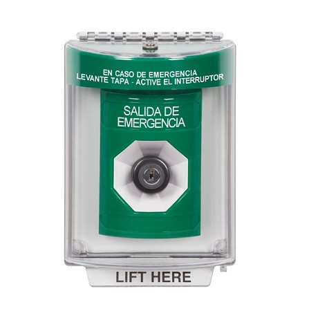 SS2143EX-ES STI Green Indoor/Outdoor Flush w/ Horn Key-to-Activate Stopper Station with EMERGENCY EXIT Label Spanish