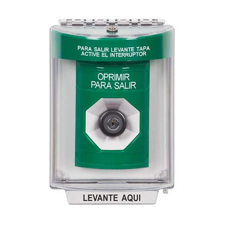 SS2143PX-ES STI Green Indoor/Outdoor Flush w/ Horn Key-to-Activate Stopper Station with PUSH TO EXIT Label Spanish