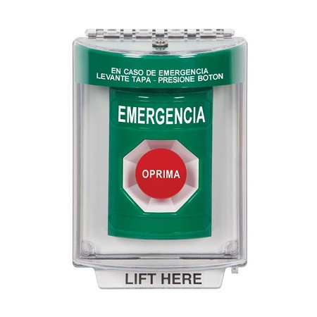 SS2144EM-ES STI Green Indoor/Outdoor Flush w/ Horn Momentary Stopper Station with EMERGENCY Label Spanish