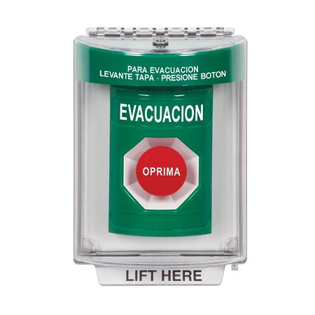 SS2144EV-ES STI Green Indoor/Outdoor Flush w/ Horn Momentary Stopper Station with EVACUATION Label Spanish