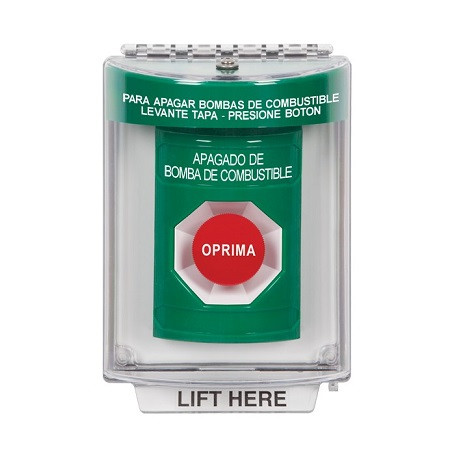 SS2144PS-ES STI Green Indoor/Outdoor Flush w/ Horn Momentary Stopper Station with FUEL PUMP SHUT DOWN Label Spanish