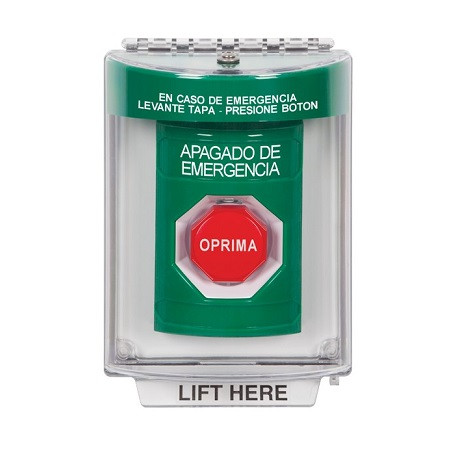 SS2145PO-ES STI Green Indoor/Outdoor Flush w/ Horn Momentary (Illuminated) Stopper Station with EMERGENCY POWER OFF Label Spanish
