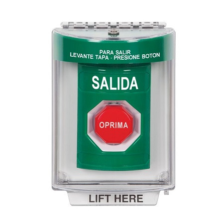 SS2145XT-ES STI Green Indoor/Outdoor Flush w/ Horn Momentary (Illuminated) Stopper Station with EXIT Label Spanish