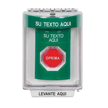 SS2145ZA-ES STI Green Indoor/Outdoor Flush w/ Horn Momentary (Illuminated) Stopper Station with Non-Returnable Custom Text Label Spanish